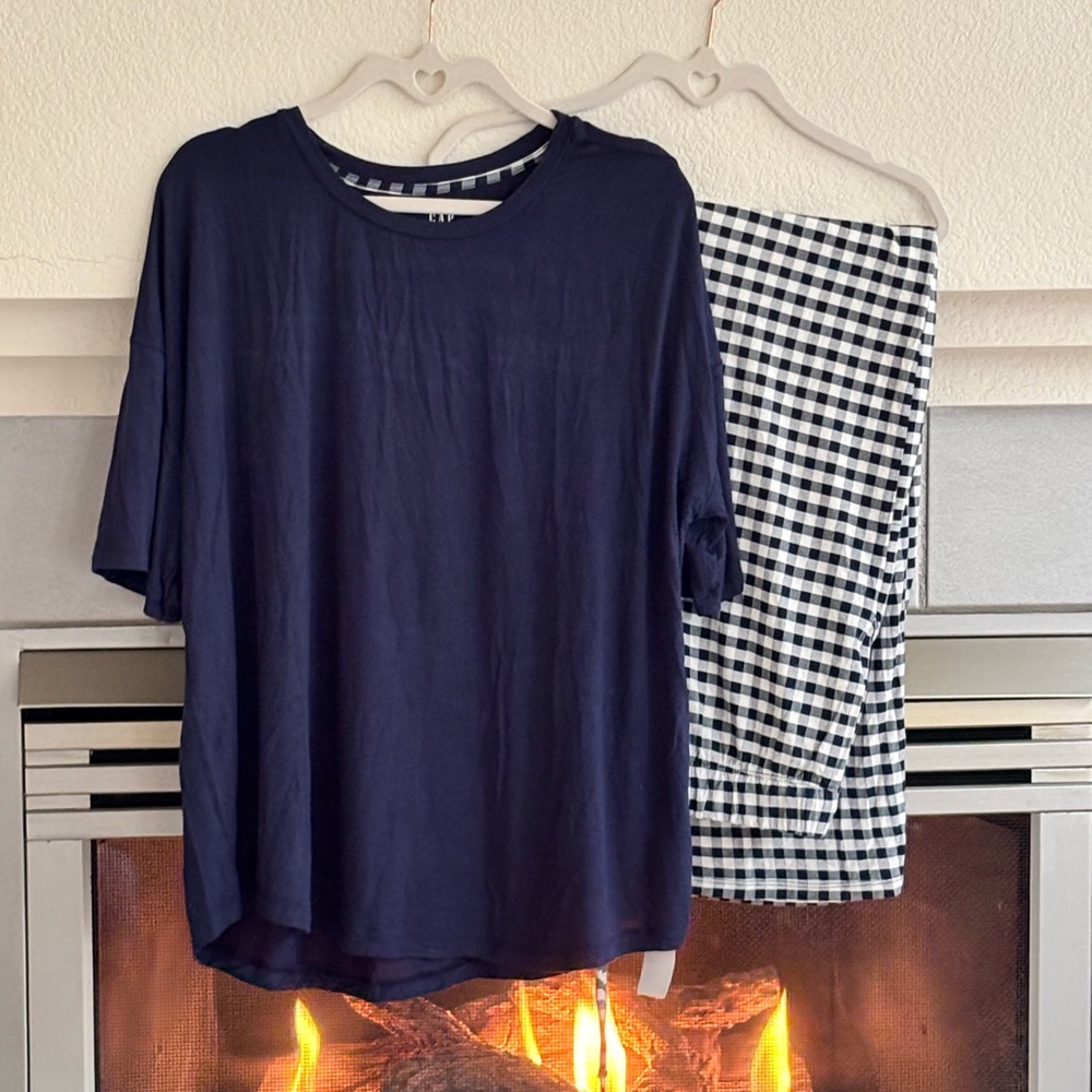 GAP NWT Navy Blue Relaxed Sleep Tee Navy & White Gingham Pajama Pant Set Size XL